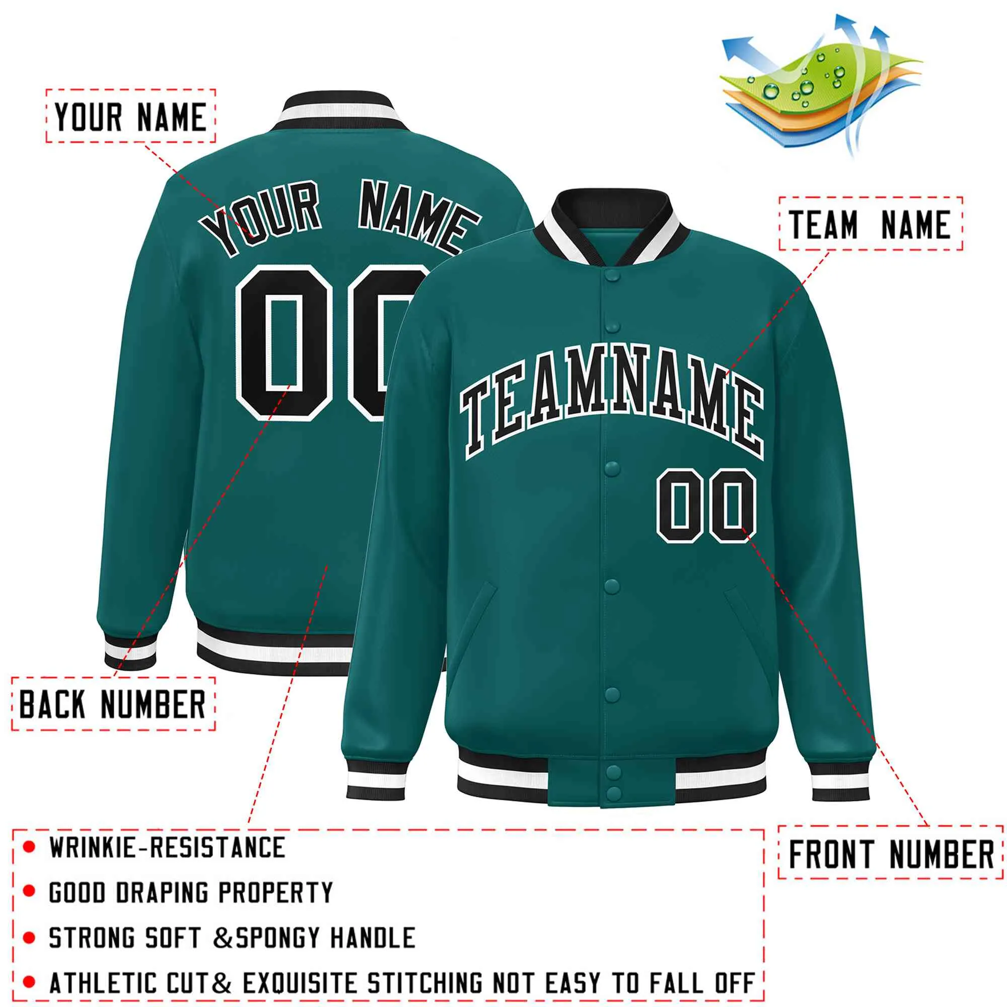 Custom Aqua Black-White Classic Style Varsity Full-Snap Letterman Jacket