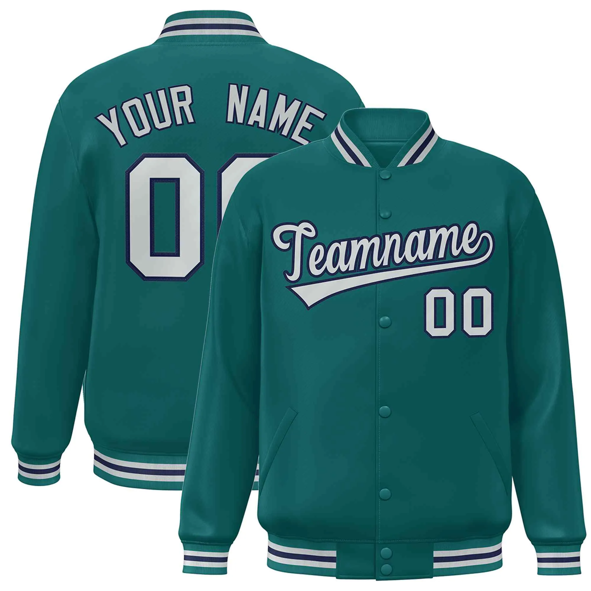 Custom Aqua Gray-Navy Classic Style Varsity Full-Snap Letterman Jacket