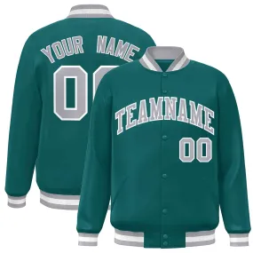 Custom Aqua Gray-White Classic Style Varsity Full-Snap Letterman Jacket