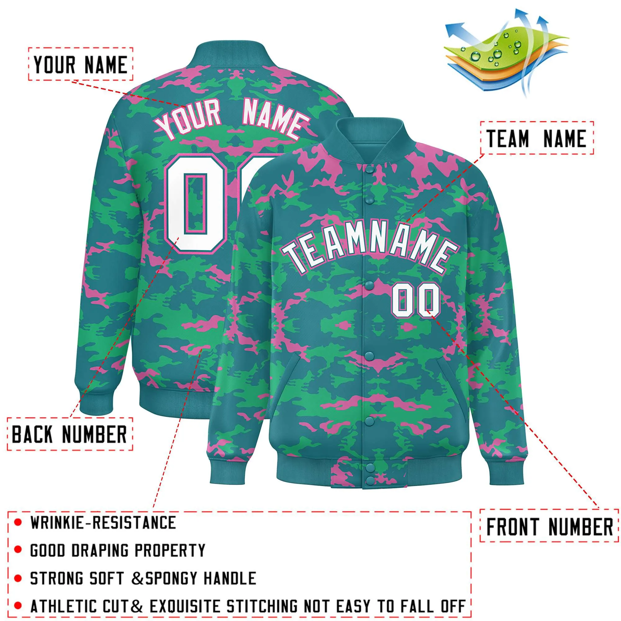 Custom Aqua Pink-Light Green Varsity Full-Snap Camo Letterman Jacket