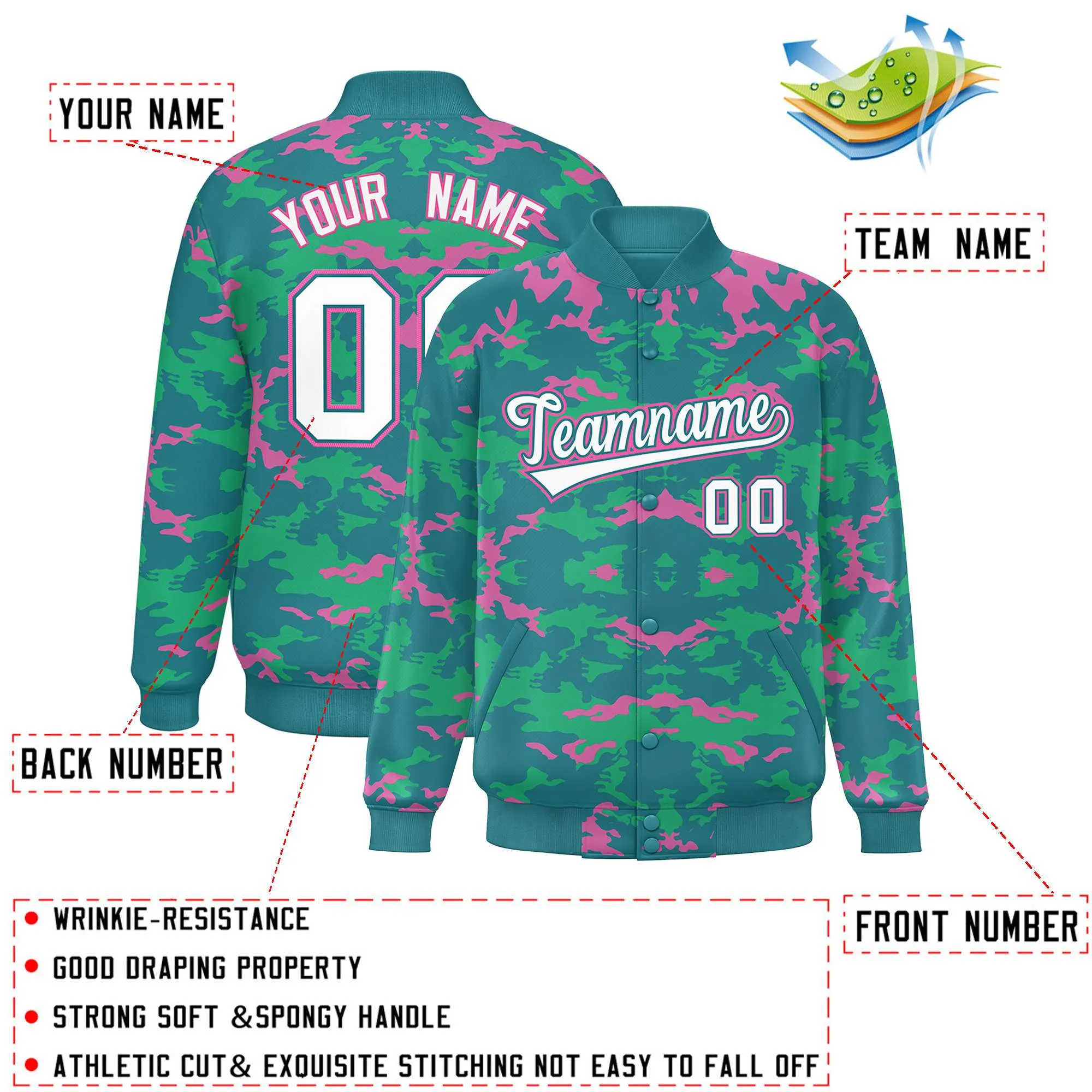 Custom Aqua Pink-Light Green Varsity Full-Snap Camo Letterman Jacket