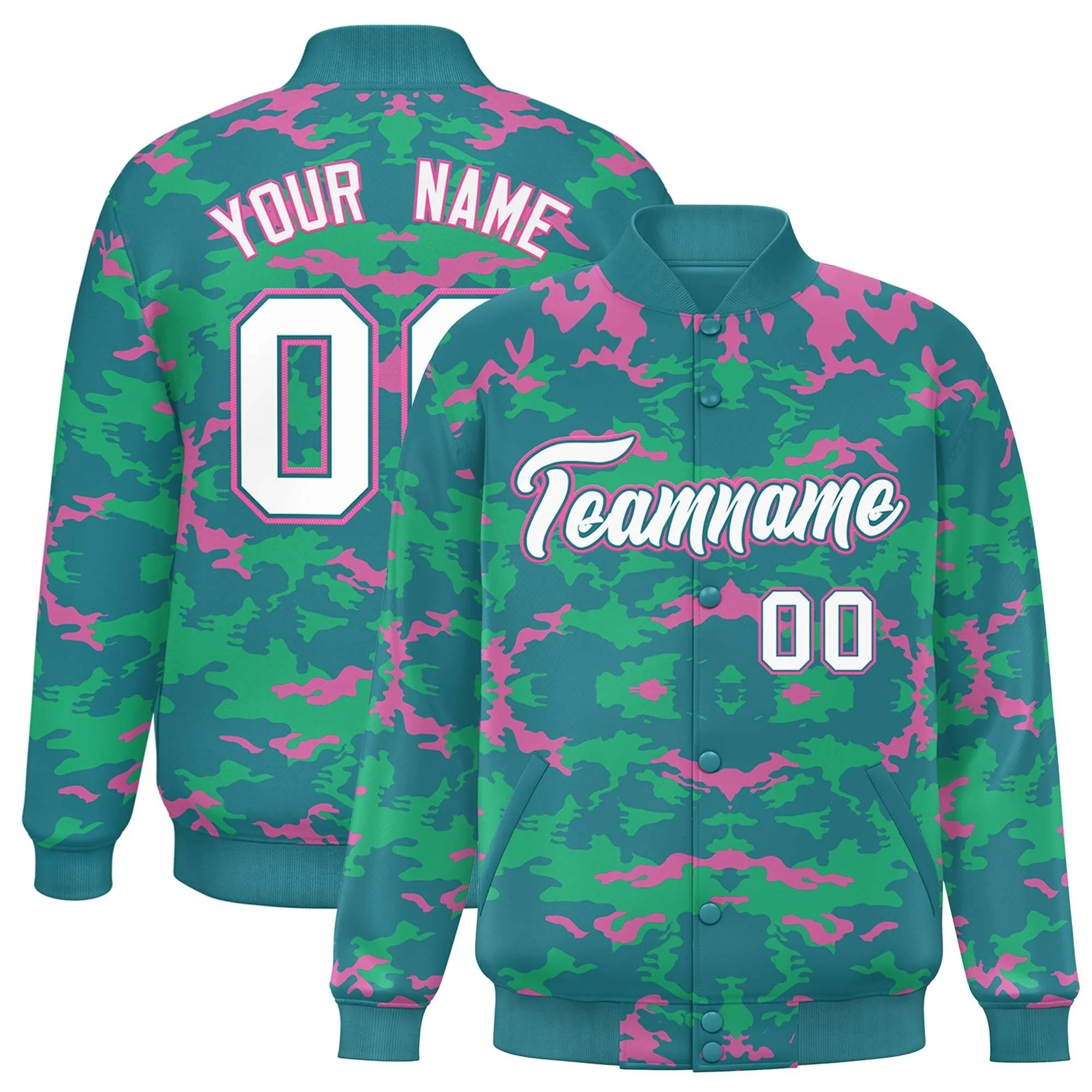 Custom Aqua Pink-Light Green Varsity Full-Snap Camo Letterman Jacket