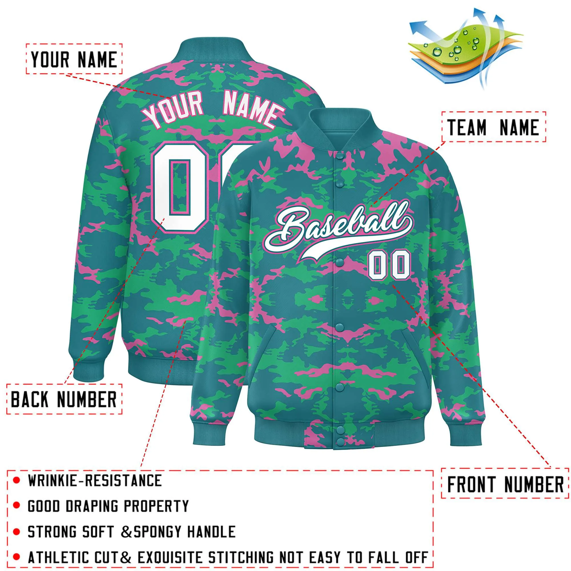 Custom Aqua Pink-Light Green Varsity Full-Snap Camo Letterman Jacket