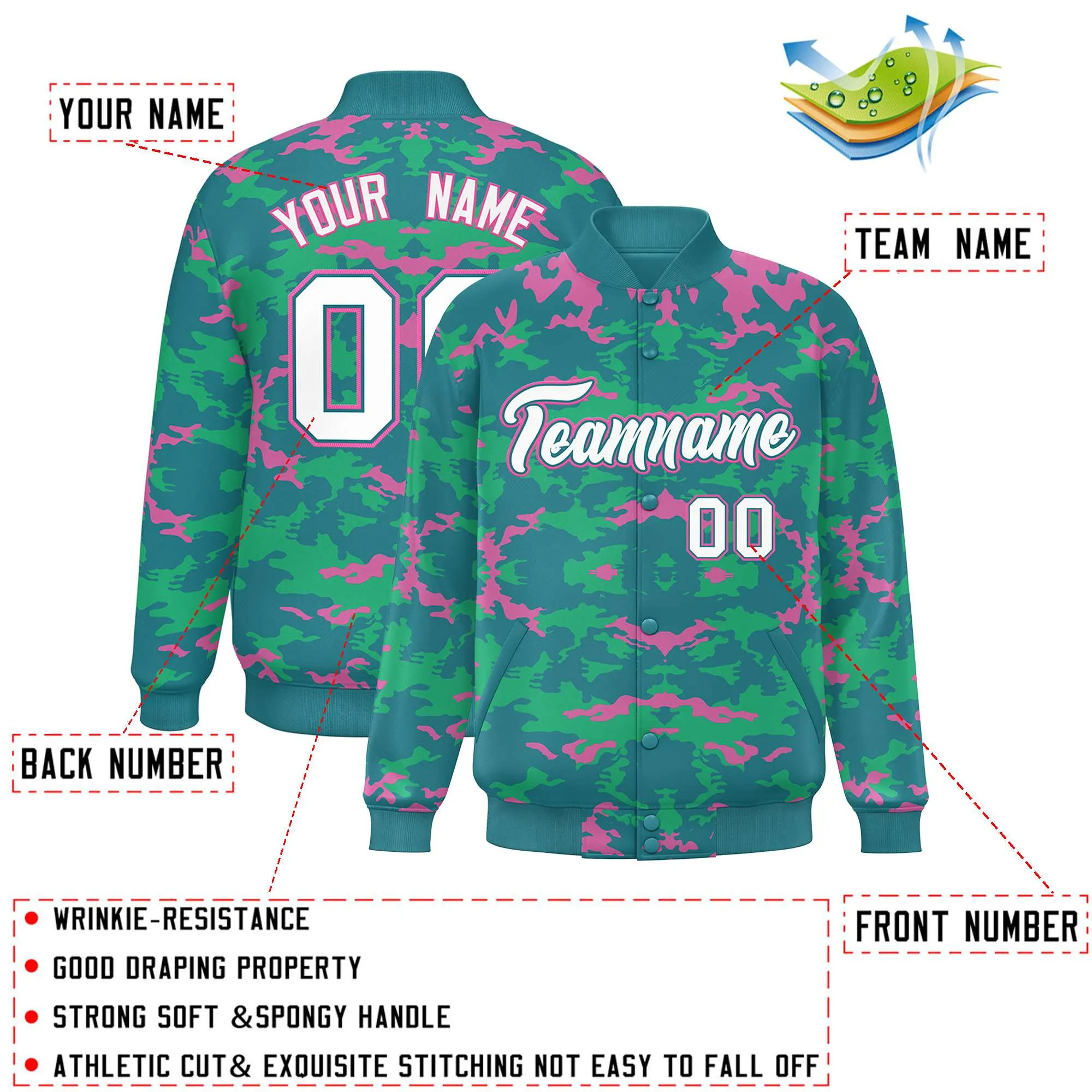 Custom Aqua Pink-Light Green Varsity Full-Snap Camo Letterman Jacket