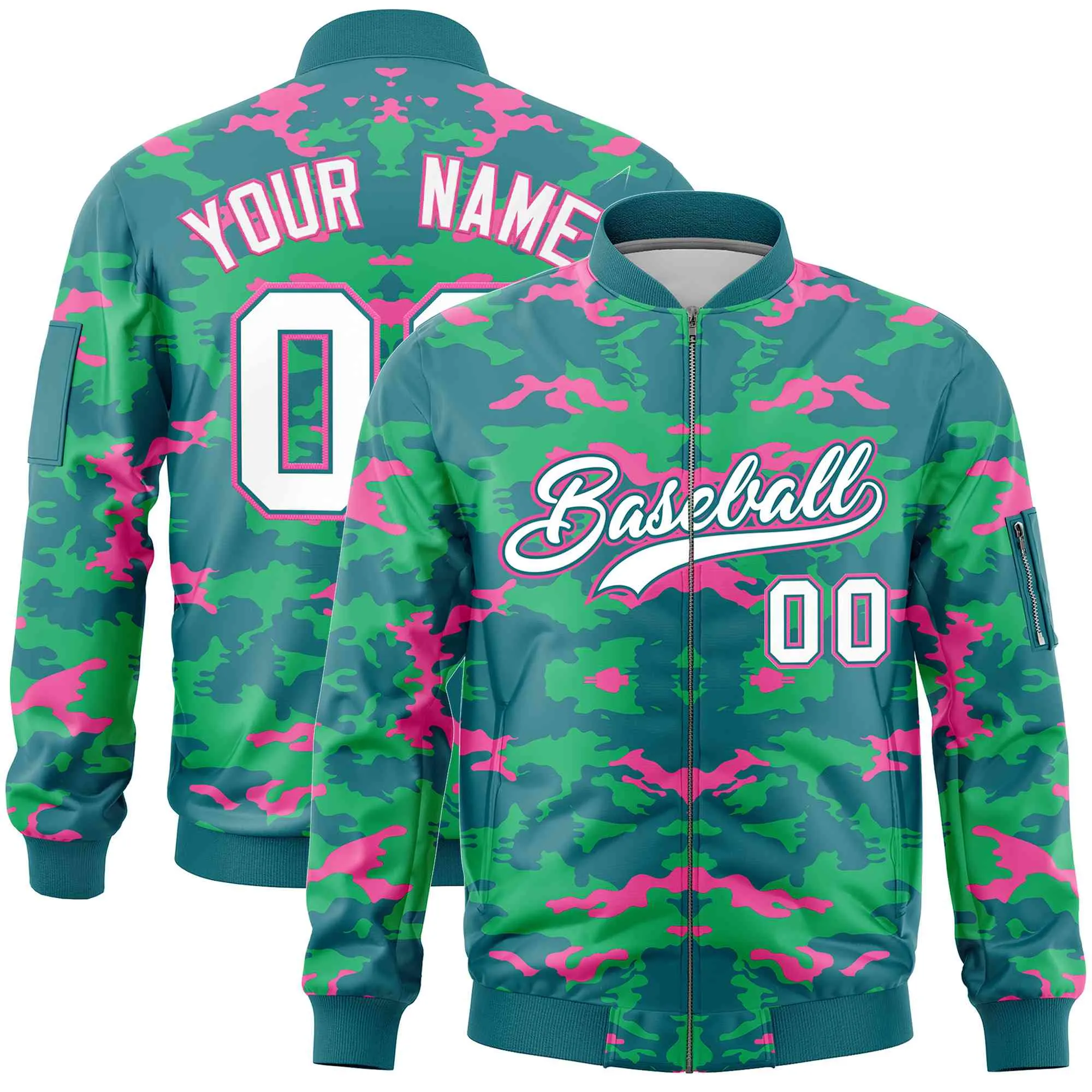 Custom Aqua Pink-Light Green Varsity Full-Zip Camo Letterman Bomber Jacket