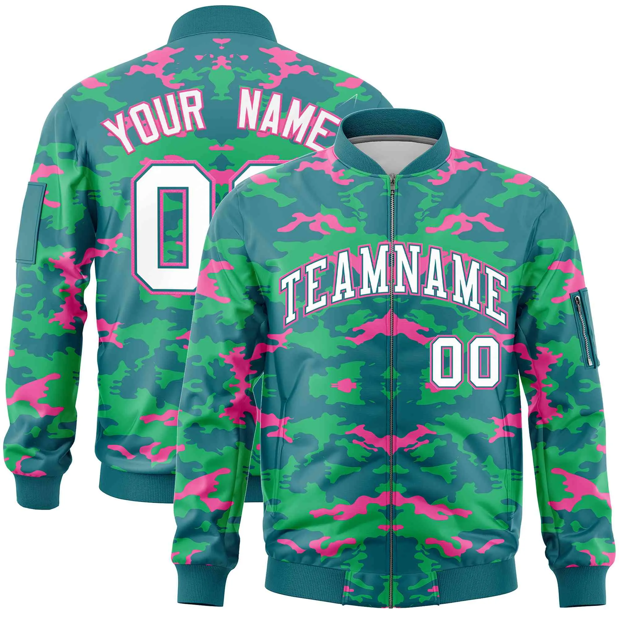 Custom Aqua Pink-Light Green Varsity Full-Zip Camo Letterman Bomber Jacket