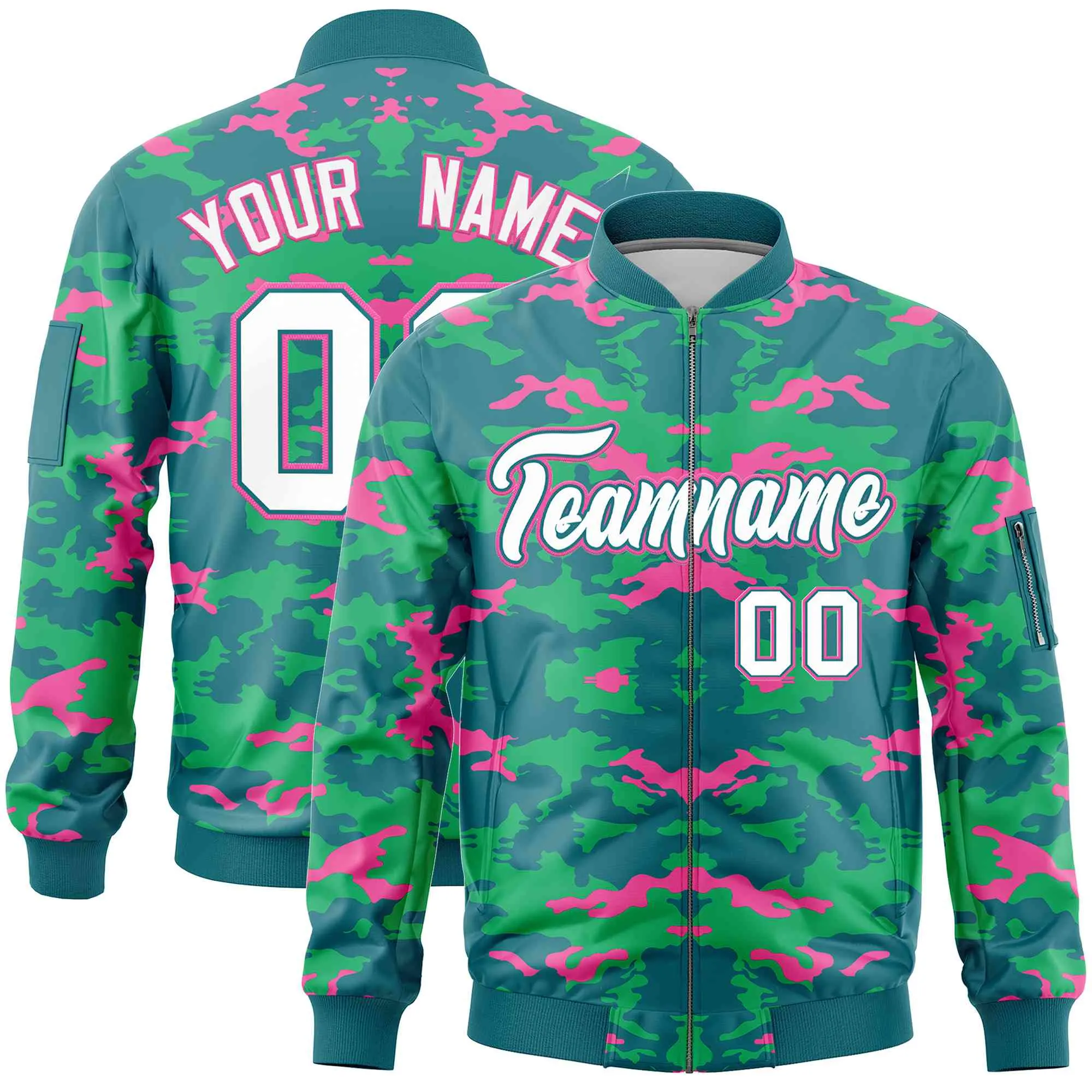 Custom Aqua Pink-Light Green Varsity Full-Zip Camo Letterman Bomber Jacket