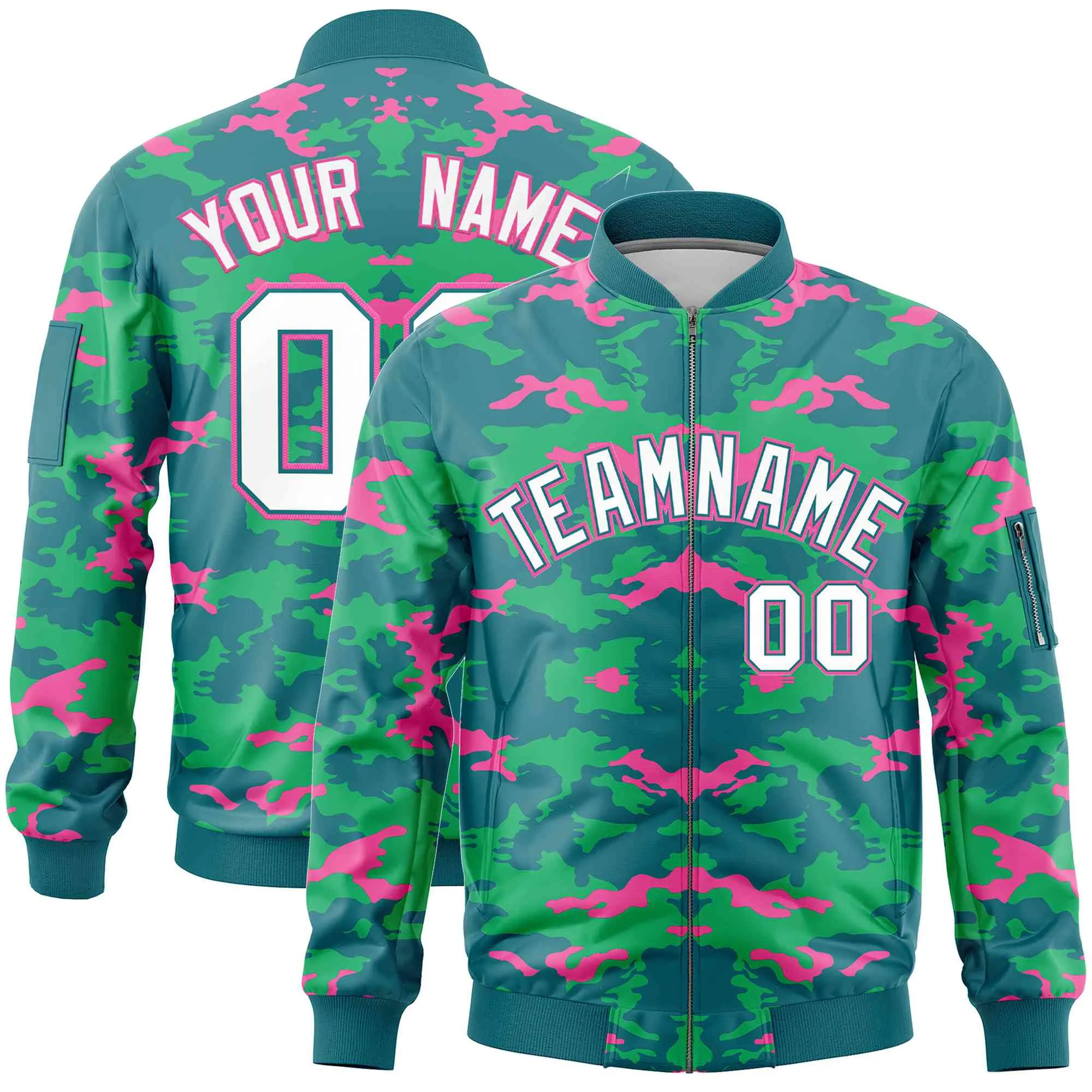 Custom Aqua Pink-Light Green Varsity Full-Zip Camo Letterman Bomber Jacket