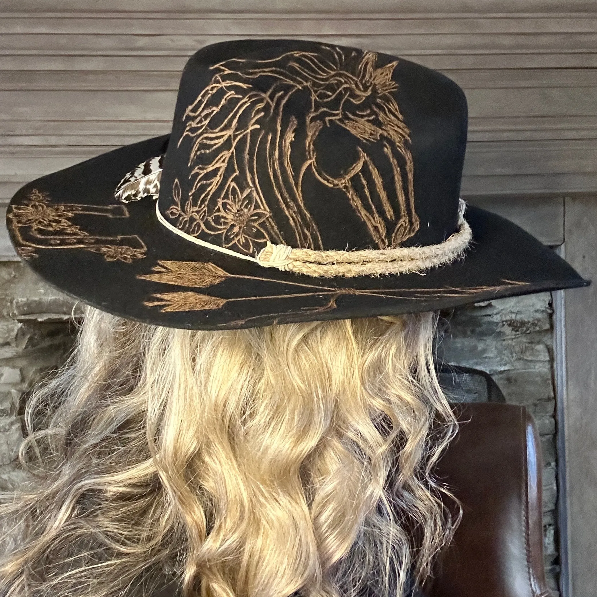 Custom Burned Cowboy Hat- Black - Bourbon Cowgirl