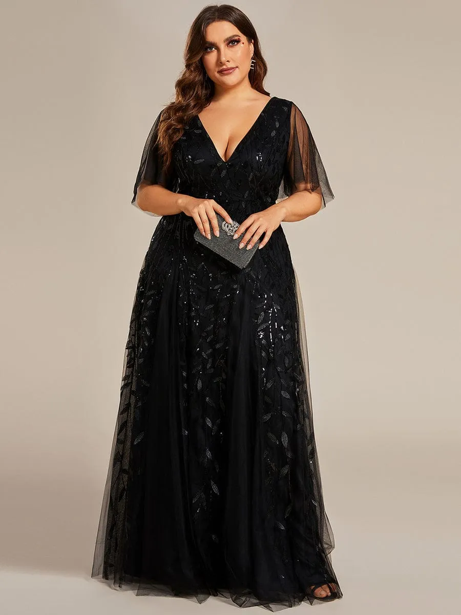 Custom Size V Neck Ruffle Sleeves Sequin Maxi Formal Evening Dress