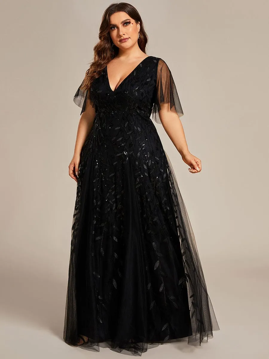 Custom Size V Neck Ruffle Sleeves Sequin Maxi Formal Evening Dress