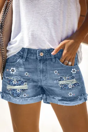 Cut Out Mid Waist Denim Shorts Floral Print Ripped Denim Short