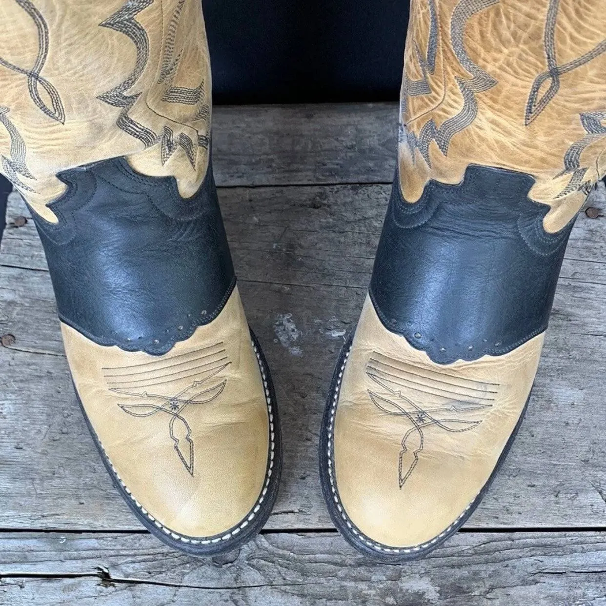 DAN POST Vintage Buckaroo Black Tan Leather Tall Cowboy Western Boots