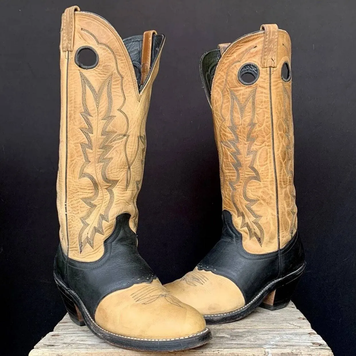 DAN POST Vintage Buckaroo Black Tan Leather Tall Cowboy Western Boots