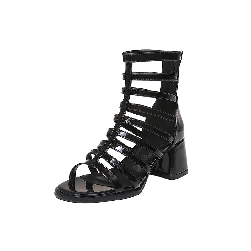 DEANWANGK  Sandals  Rome New round Head Chunky Heel High Heels Women's Back Zipper Fashion Hollowed-out Sandals Women's Sandal Boots Wholesale