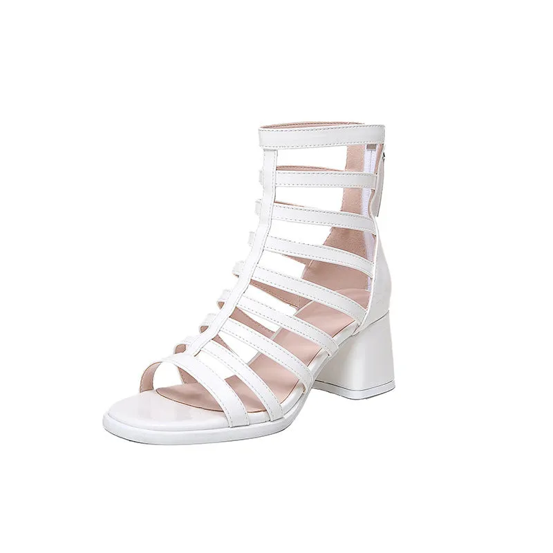 DEANWANGK  Sandals  Rome New round Head Chunky Heel High Heels Women's Back Zipper Fashion Hollowed-out Sandals Women's Sandal Boots Wholesale