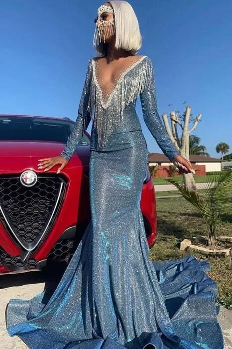 DEANWANGKT Blue Muslim Evening Dresses  Mermaid Long Sleeves Sequins Sparkle Islamic Dubai Kaftan Saudi Arabia Long Evening Gown