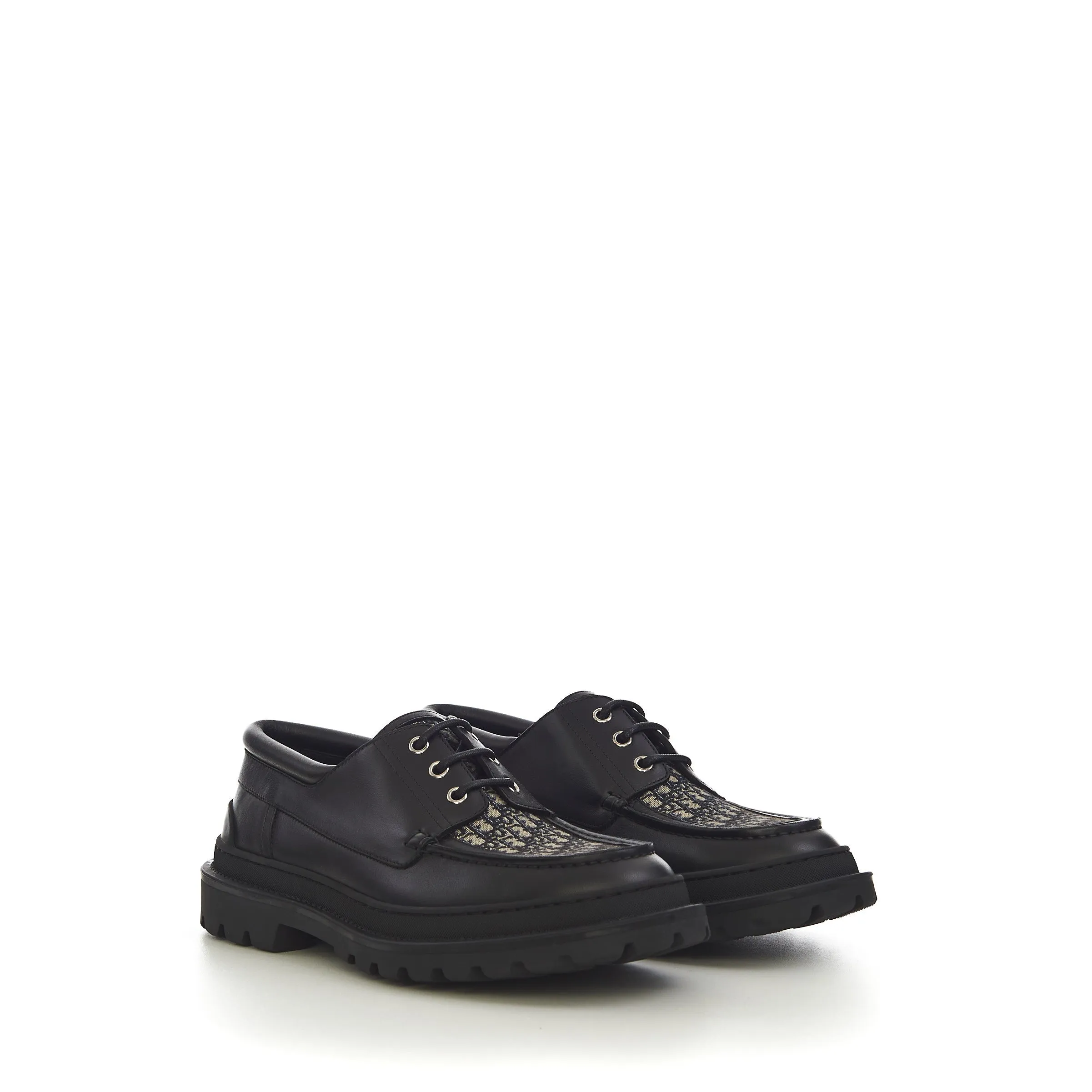 Dior Explorer Boat Shoe In Black Smooth Calfskin And Dior Oblique Jacquard