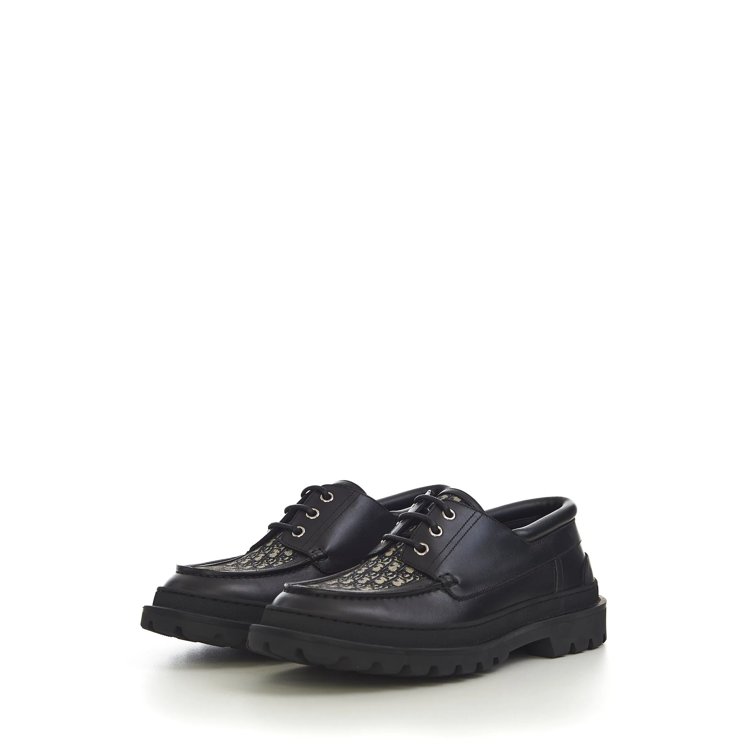 Dior Explorer Boat Shoe In Black Smooth Calfskin And Dior Oblique Jacquard