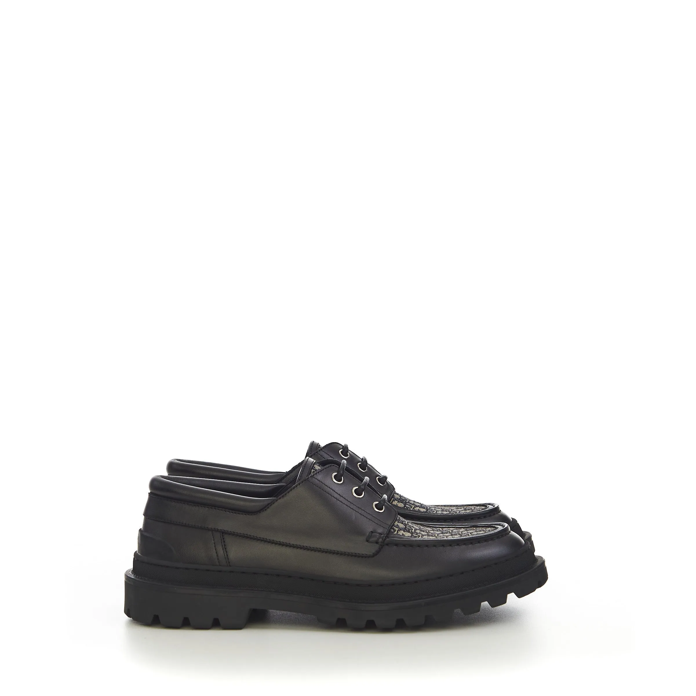 Dior Explorer Boat Shoe In Black Smooth Calfskin And Dior Oblique Jacquard