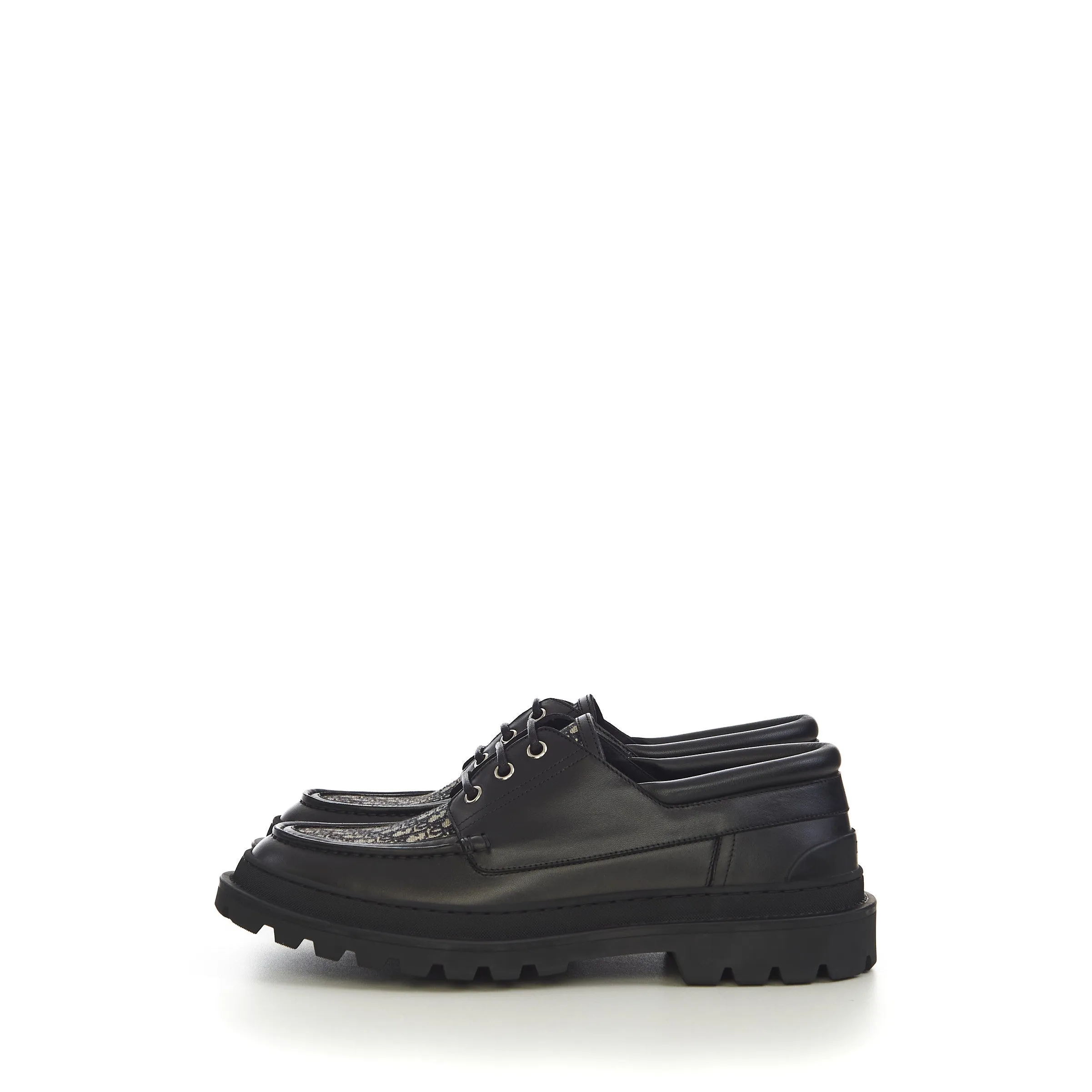 Dior Explorer Boat Shoe In Black Smooth Calfskin And Dior Oblique Jacquard