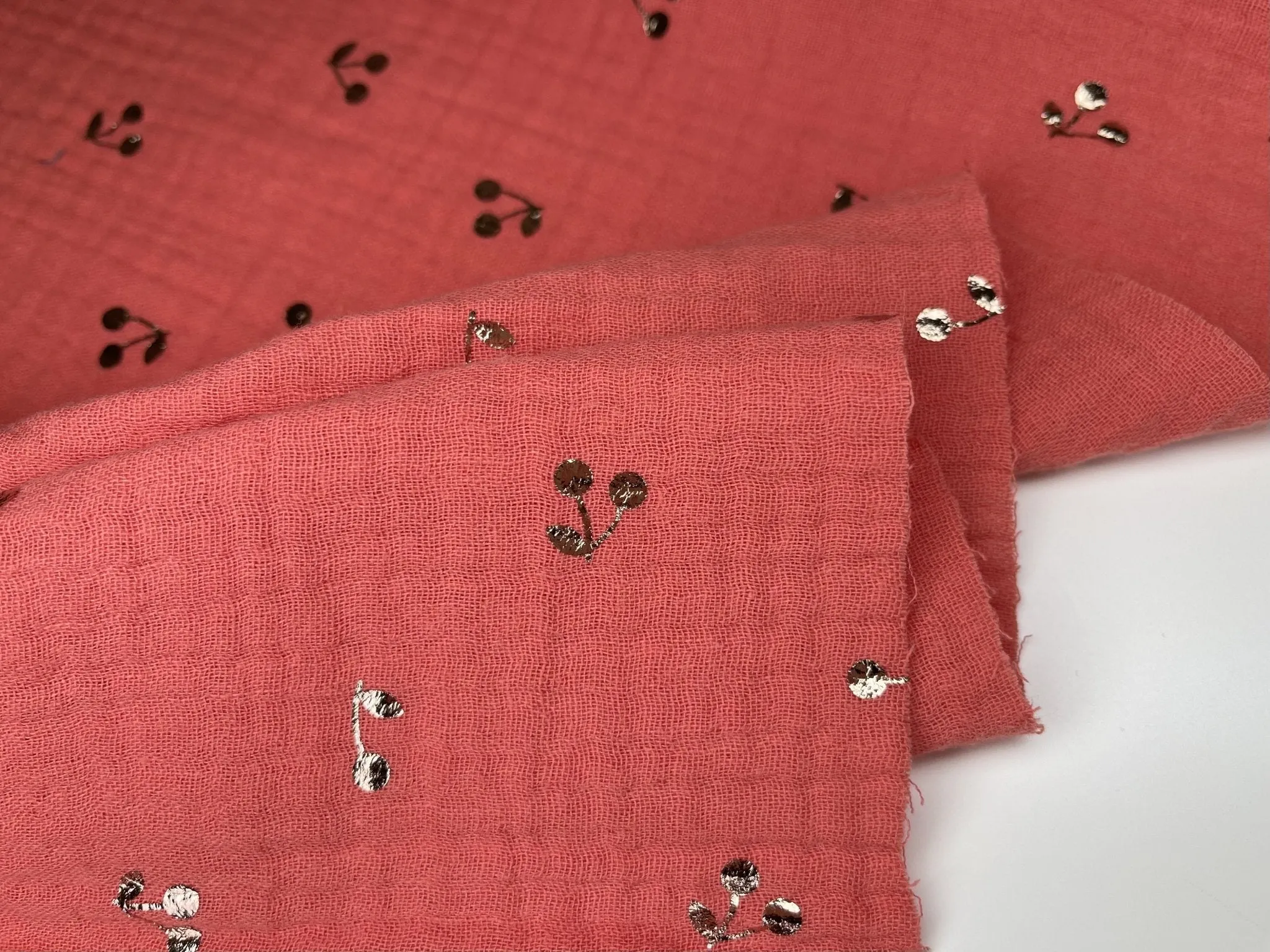 Double Gauze Muslin with Shiny Cherry  Print Fabric