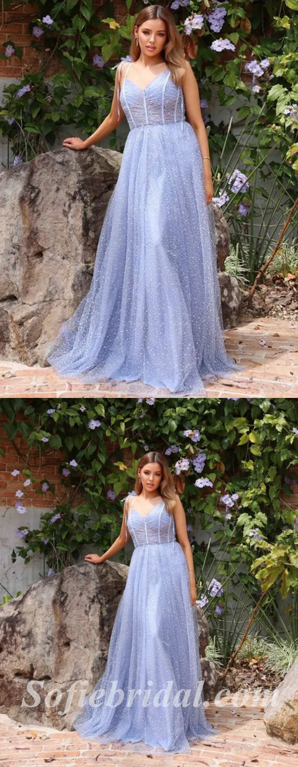 Elegant Blue Special Tulle Spaghetti Straps V-Neck Sleeveless A-Line Long Prom Dresses,SFPD0531