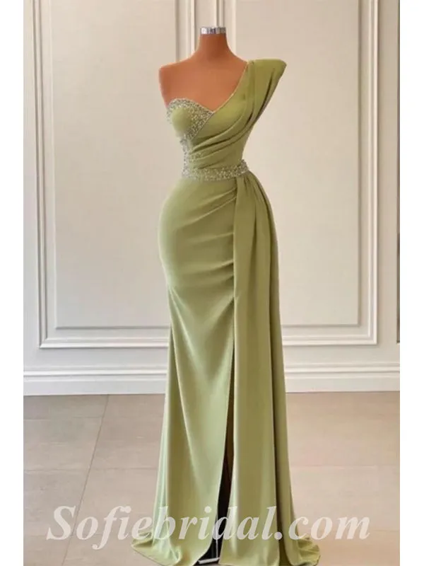 Elegant Crepe One Shoulder Sleeveless Side Slit Mermaid Long Prom Dresses With Beading,SFPD0429