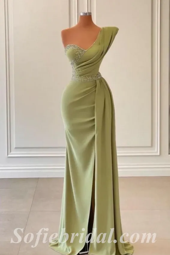 Elegant Crepe One Shoulder Sleeveless Side Slit Mermaid Long Prom Dresses With Beading,SFPD0429