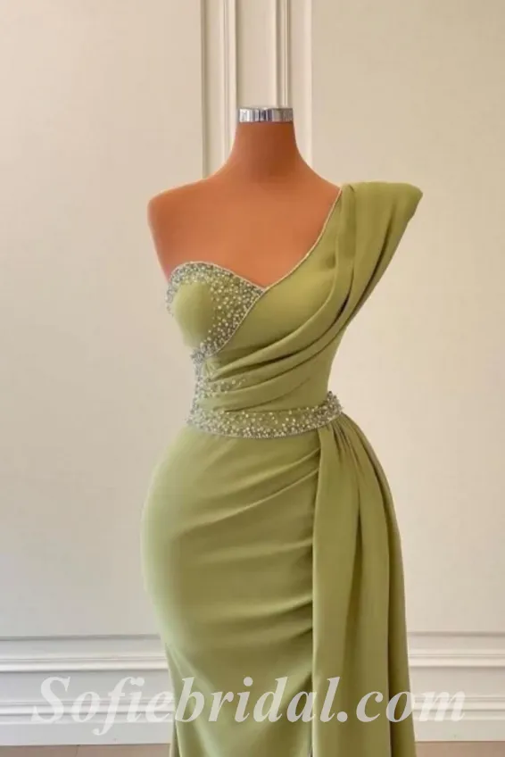 Elegant Crepe One Shoulder Sleeveless Side Slit Mermaid Long Prom Dresses With Beading,SFPD0429