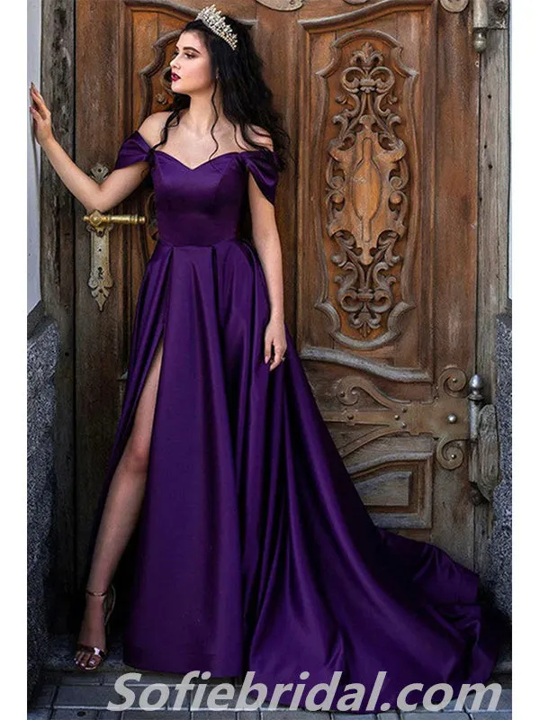 Elegant Purple Satin Off Shoulder V-Neck A-Line With Side Slit Long Prom Dresses,SFPD0315