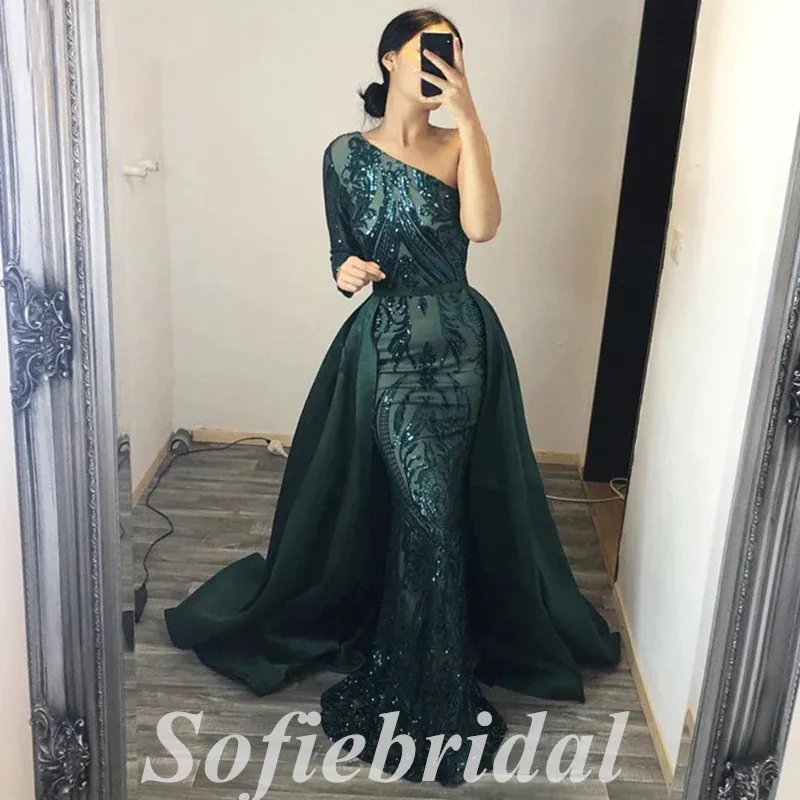 Elegant Tulle Sequin Lace One Shoulder Long sleeve Side Slit Mermaid Long Prom Dresses With Train, PD0821