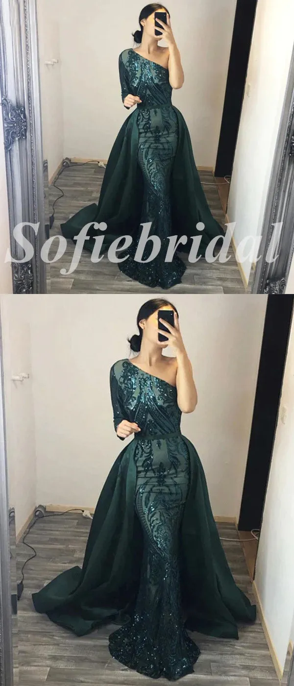 Elegant Tulle Sequin Lace One Shoulder Long sleeve Side Slit Mermaid Long Prom Dresses With Train, PD0821