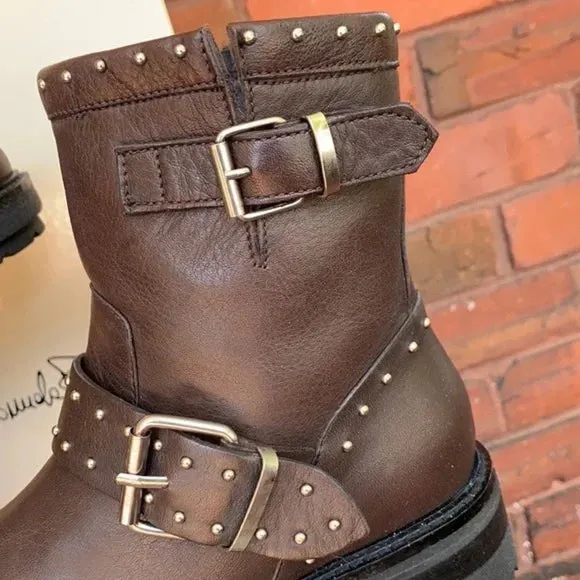 EMANUELA PASSARI Italy Brown Leather Studded Lug Sole Moto Ankle Bootie Boots