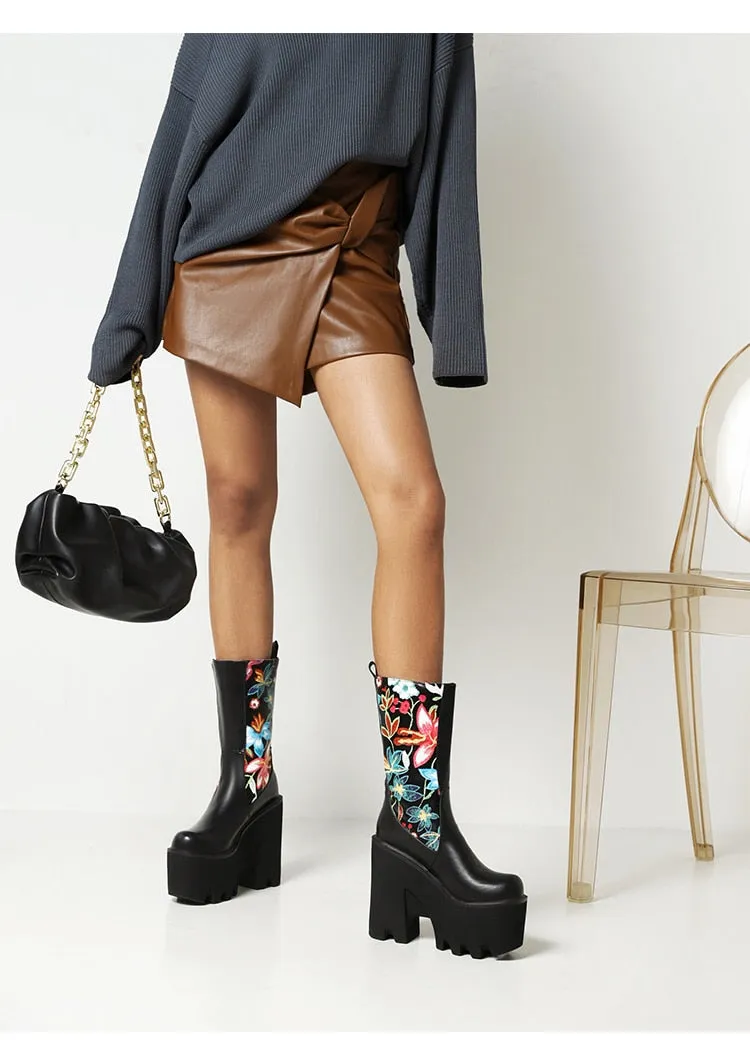 Floral Patchwork PU Mid-Calf Platform Boots