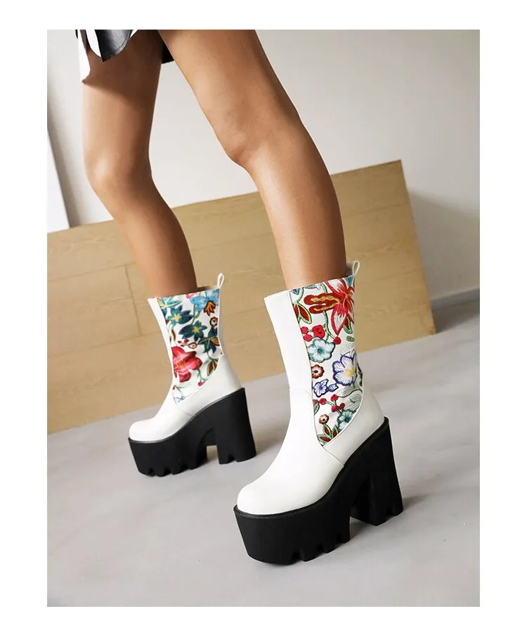 Floral Patchwork PU Mid-Calf Platform Boots