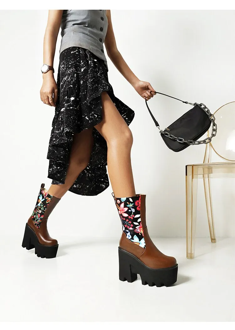 Floral Patchwork PU Mid-Calf Platform Boots