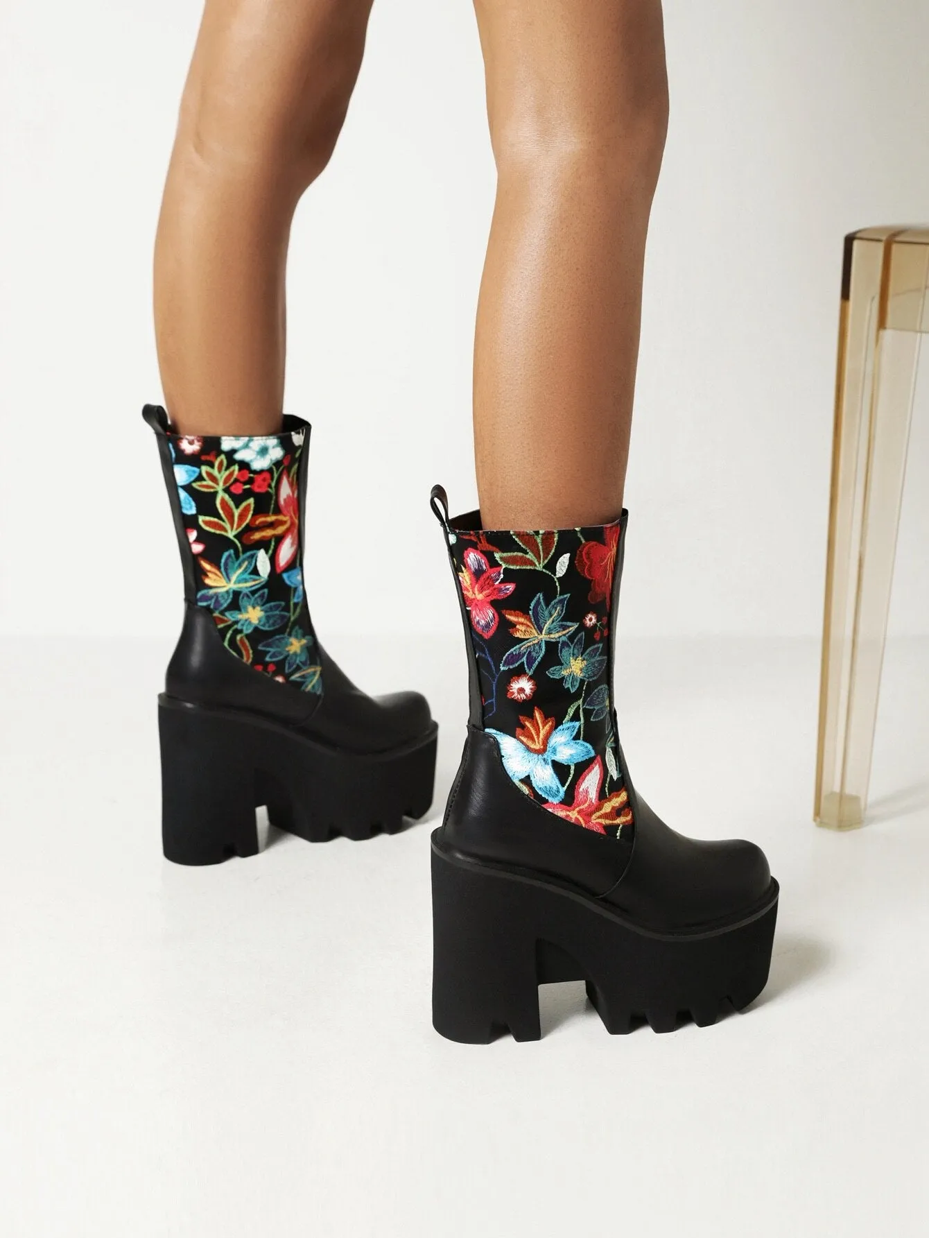 Floral Patchwork PU Mid-Calf Platform Boots