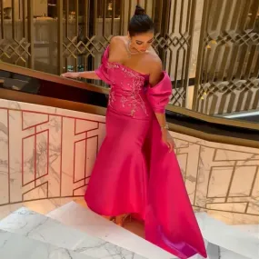 Fuchsia Mermaid Dubai Luxury Evening Dresses with Cape Shawl Arabic Women Long Wedding Party Guest Gowns