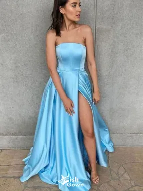 Gorgeous Blue A-Line Strapless Sleeveless Side Slit Cheap Maxi Long Party Prom Gowns,Evening Dresses,WGP451