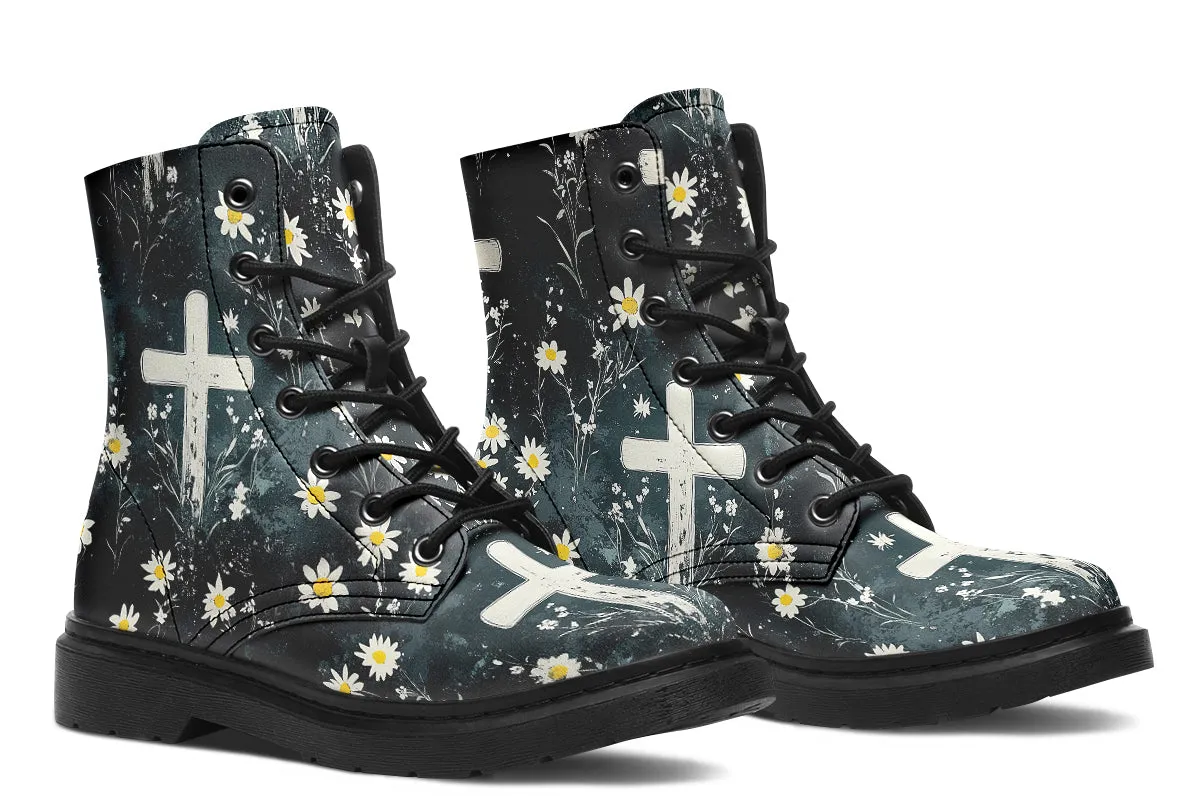 Graveyard Bloom Boots - Vegan Leather Doc-Style Boots with Durable Stitched on Soles