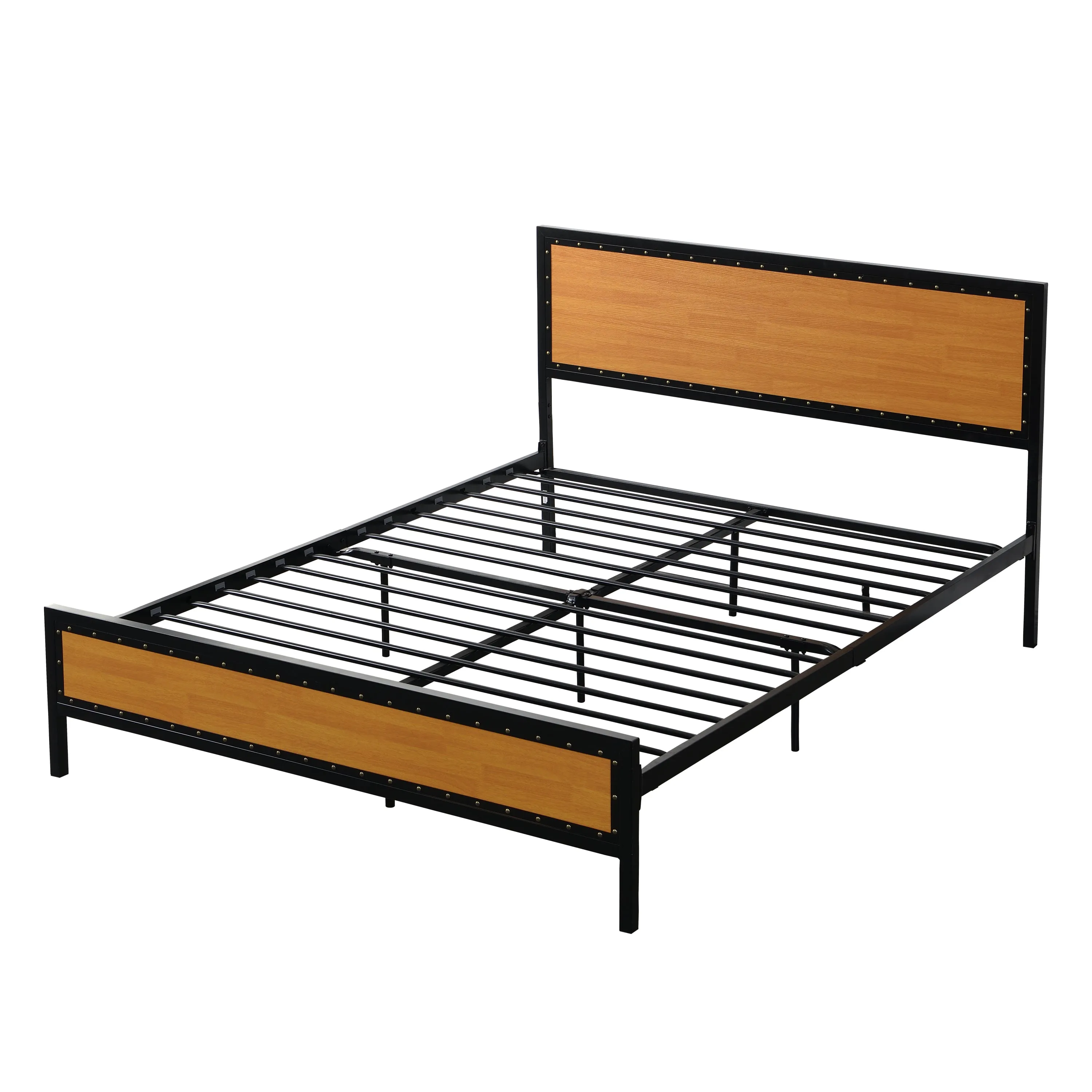 Industrial Platform Queen Bed Frame/Mattress Foundation with Rustic Headboard and Footboard, Strong Steel Slat Support, No Box Spring Needed, Noise Free, Easy Assembly