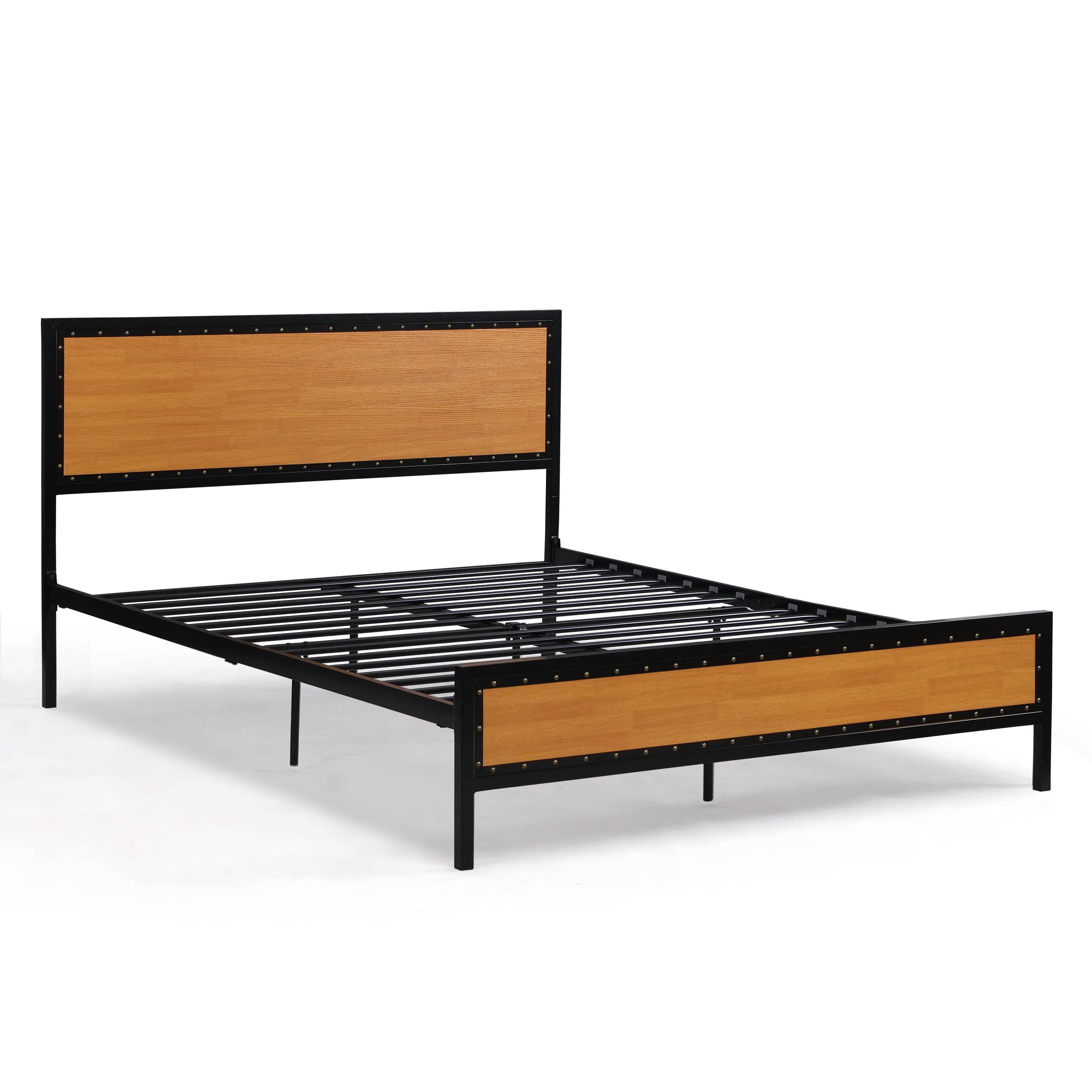 Industrial Platform Queen Bed Frame/Mattress Foundation with Rustic Headboard and Footboard, Strong Steel Slat Support, No Box Spring Needed, Noise Free, Easy Assembly