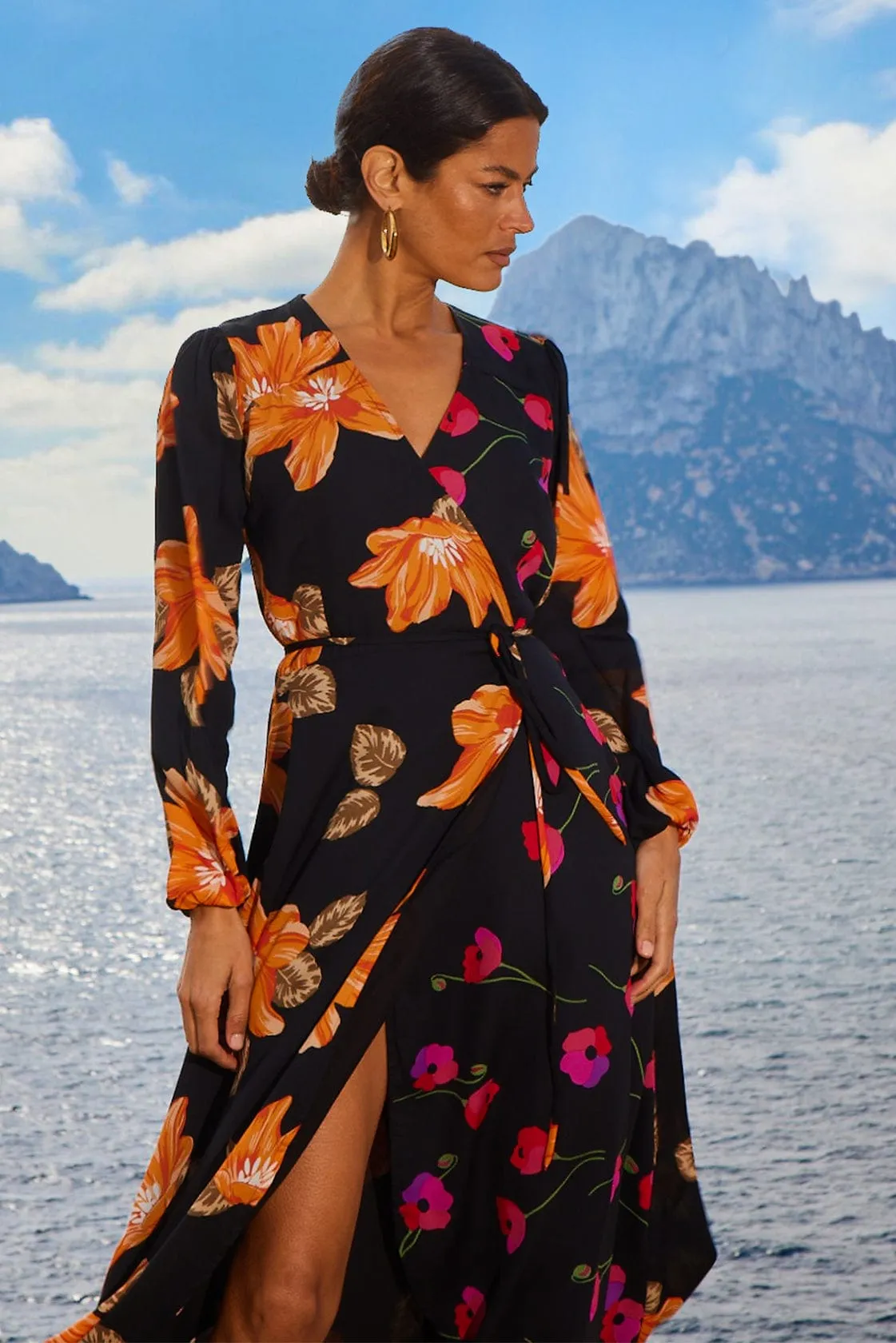 Jagger Maxi Wrap Dress in 70s Orange Floral Mix