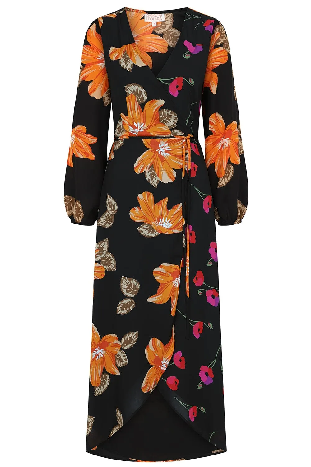 Jagger Maxi Wrap Dress in 70s Orange Floral Mix