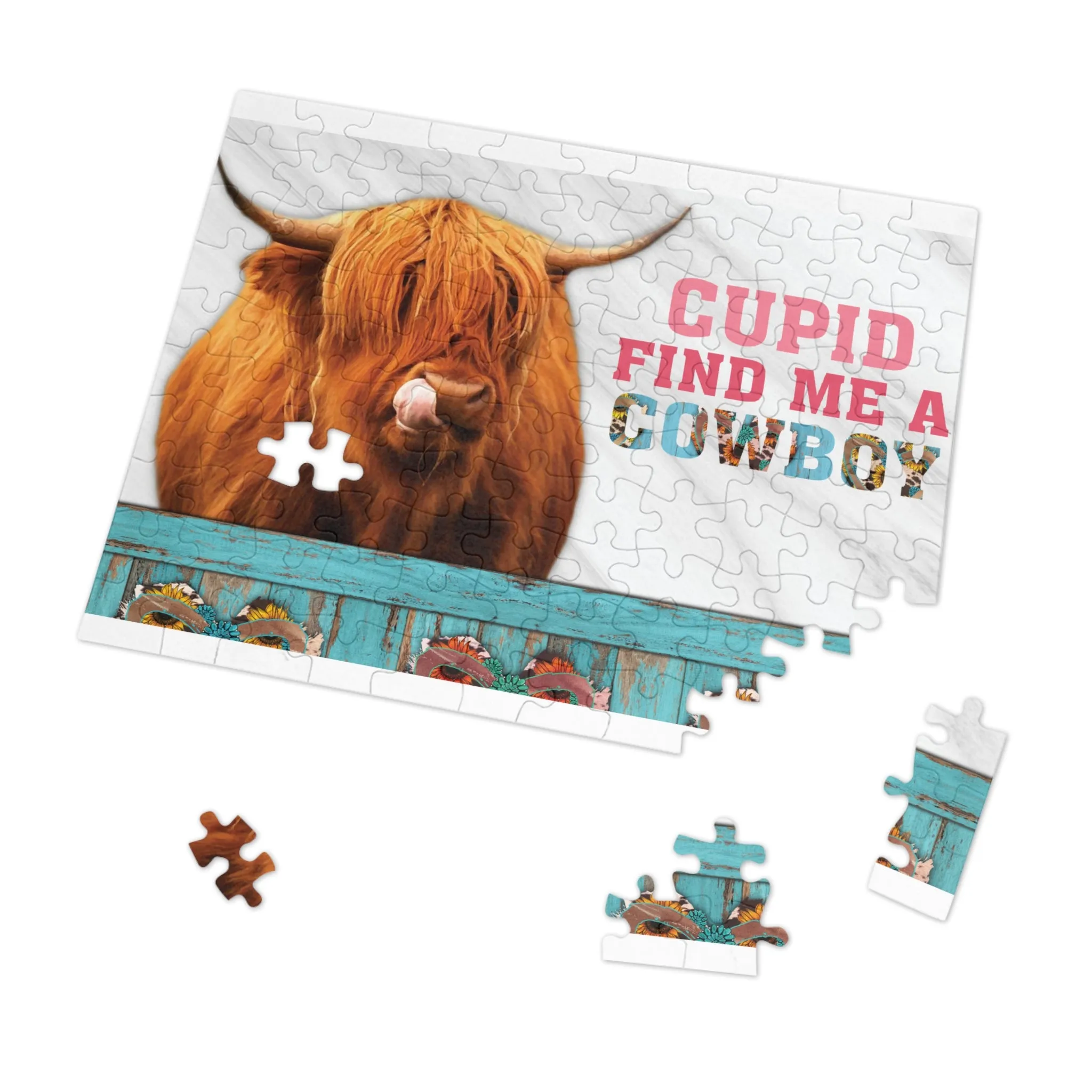 Jigsaw Puzzle, Highland Cow, Cupid find me a Cowboy, Personalised/Non-Personalised (30, 110, 252, 500,1000-Piece)