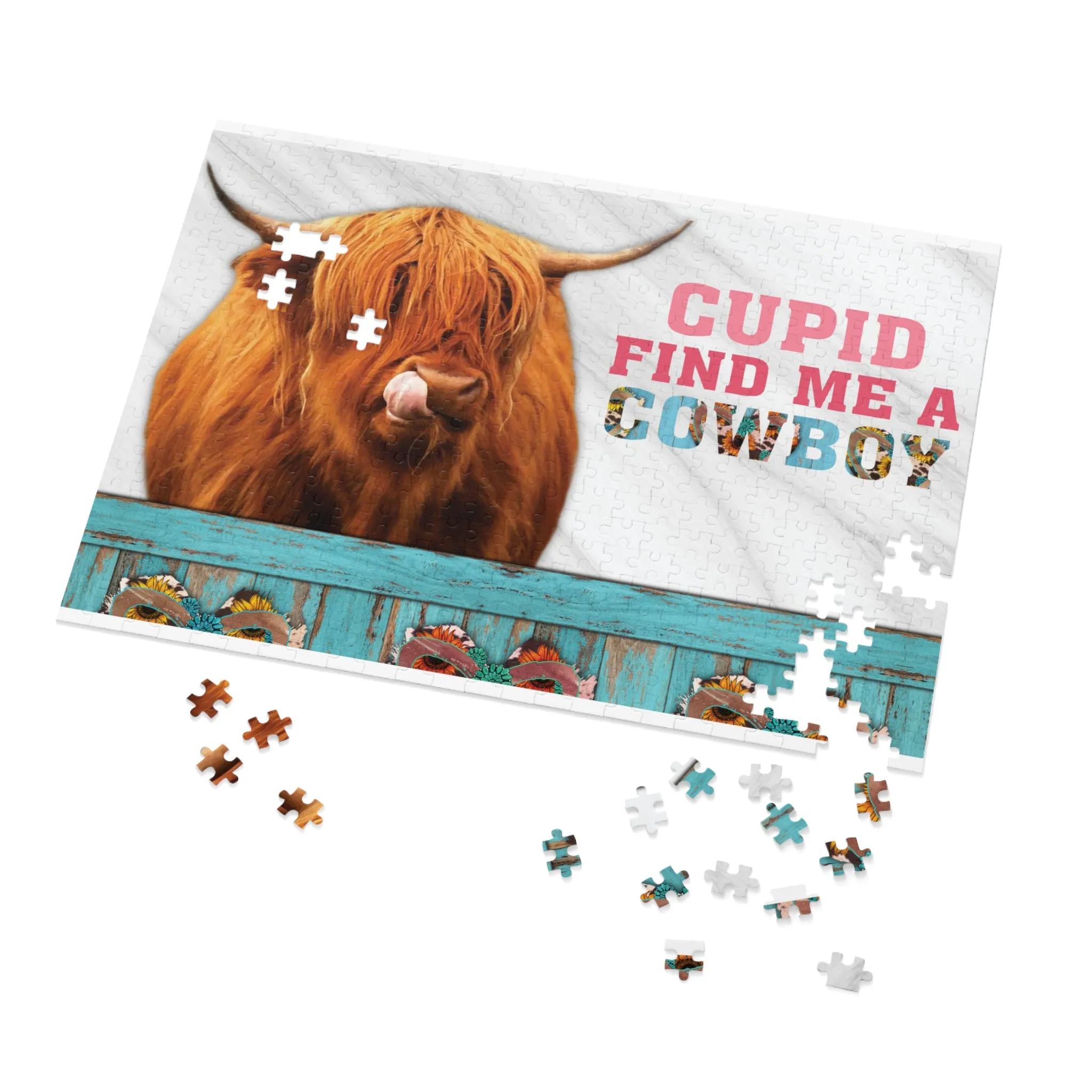 Jigsaw Puzzle, Highland Cow, Cupid find me a Cowboy, Personalised/Non-Personalised (30, 110, 252, 500,1000-Piece)