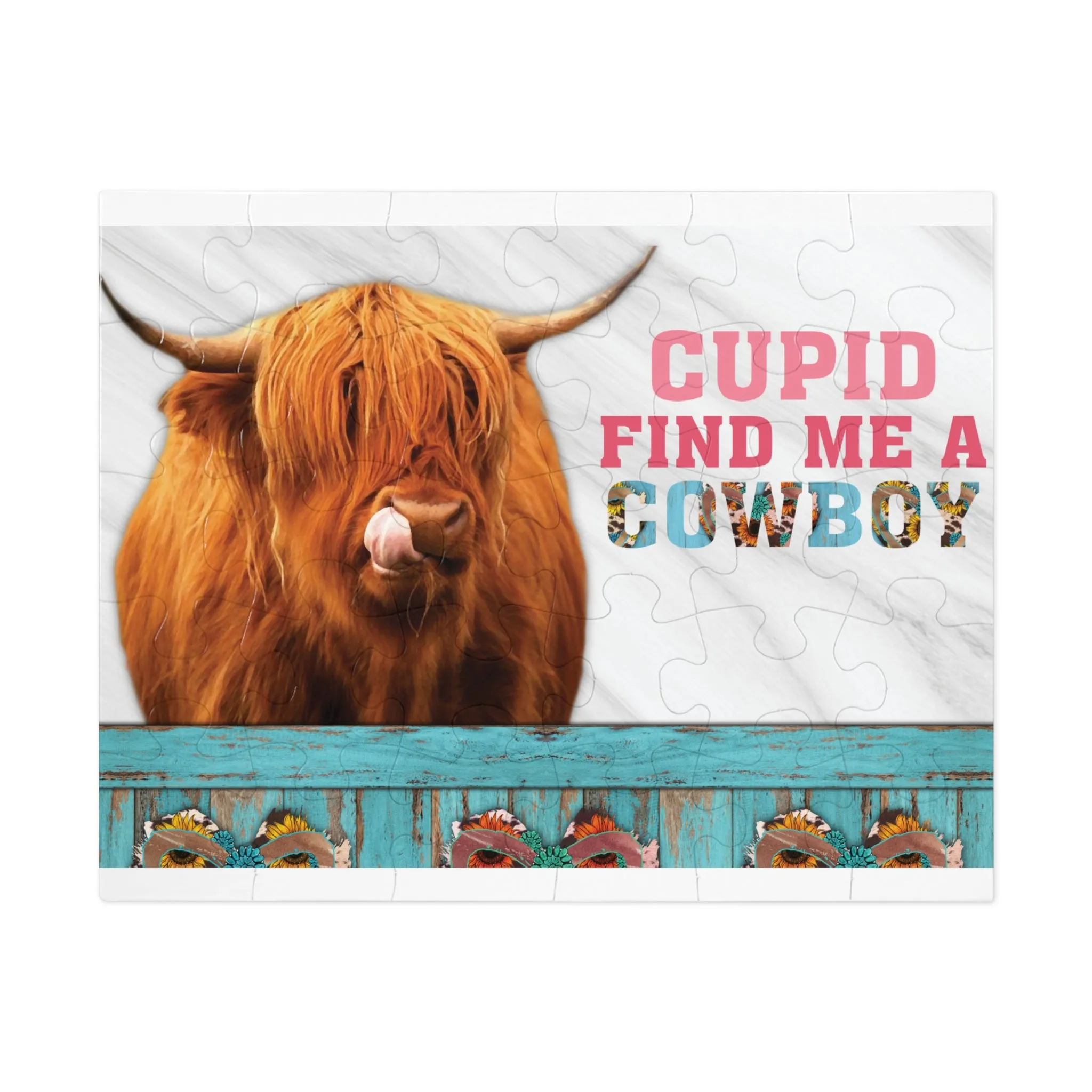 Jigsaw Puzzle, Highland Cow, Cupid find me a Cowboy, Personalised/Non-Personalised (30, 110, 252, 500,1000-Piece)