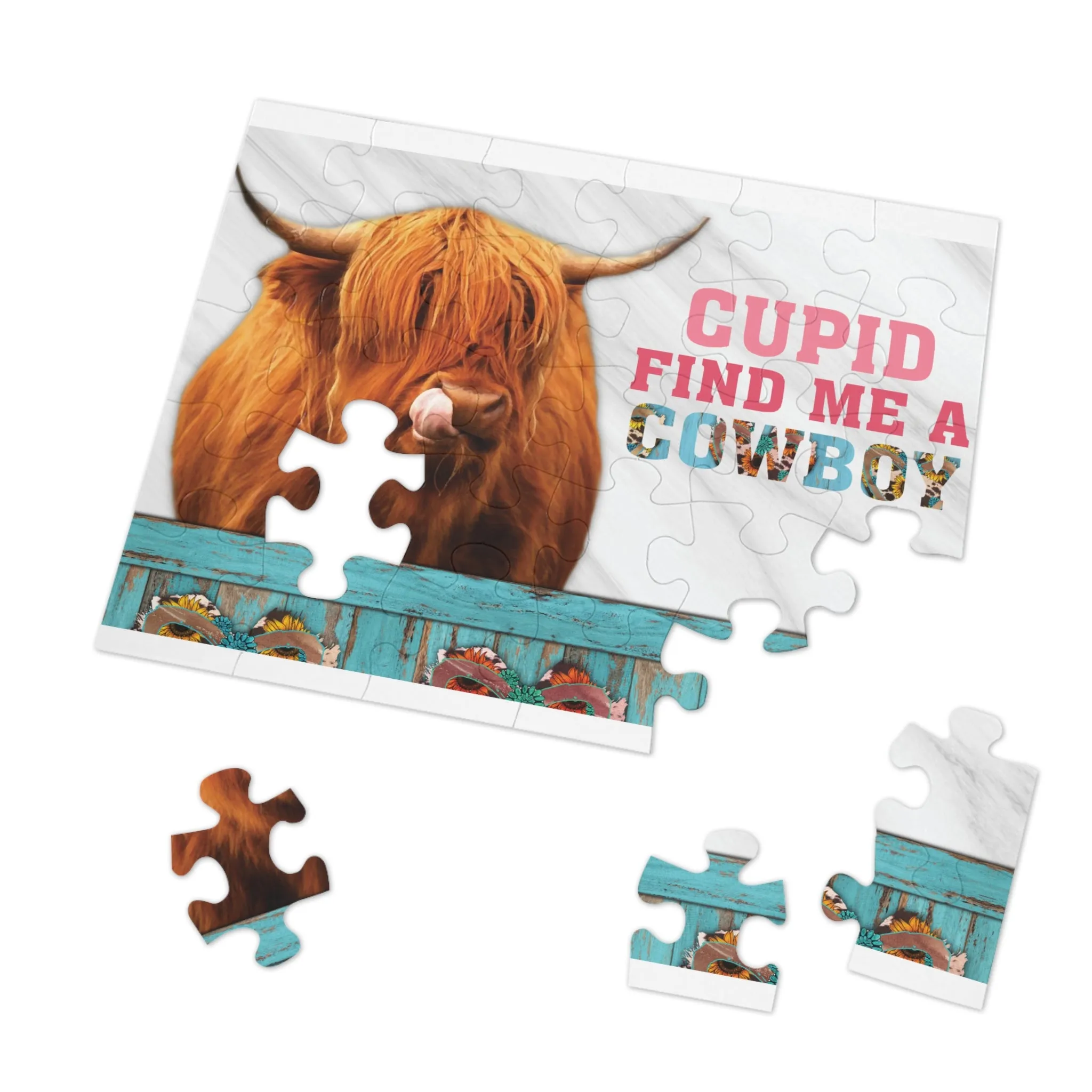 Jigsaw Puzzle, Highland Cow, Cupid find me a Cowboy, Personalised/Non-Personalised (30, 110, 252, 500,1000-Piece)