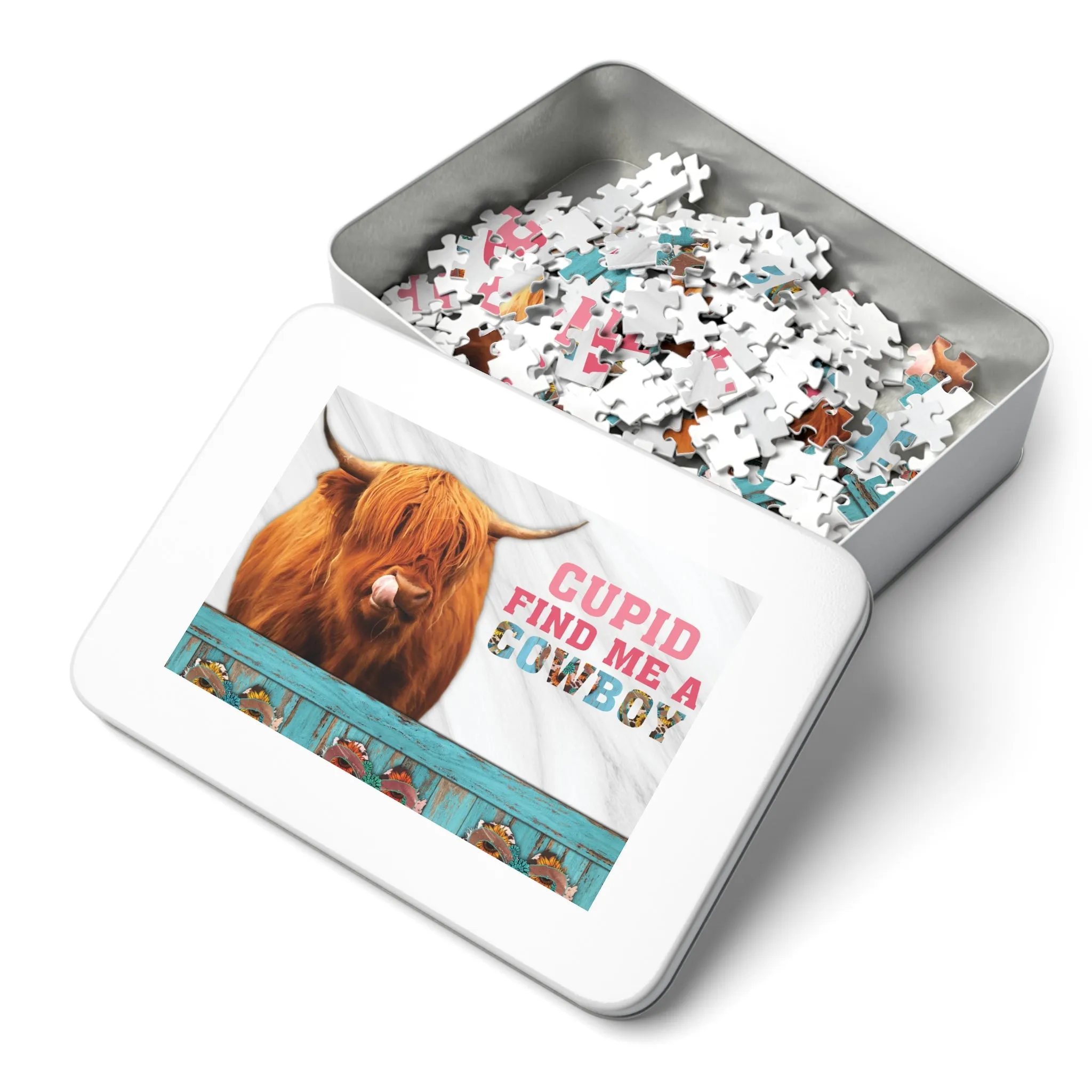 Jigsaw Puzzle, Highland Cow, Cupid find me a Cowboy, Personalised/Non-Personalised (30, 110, 252, 500,1000-Piece)